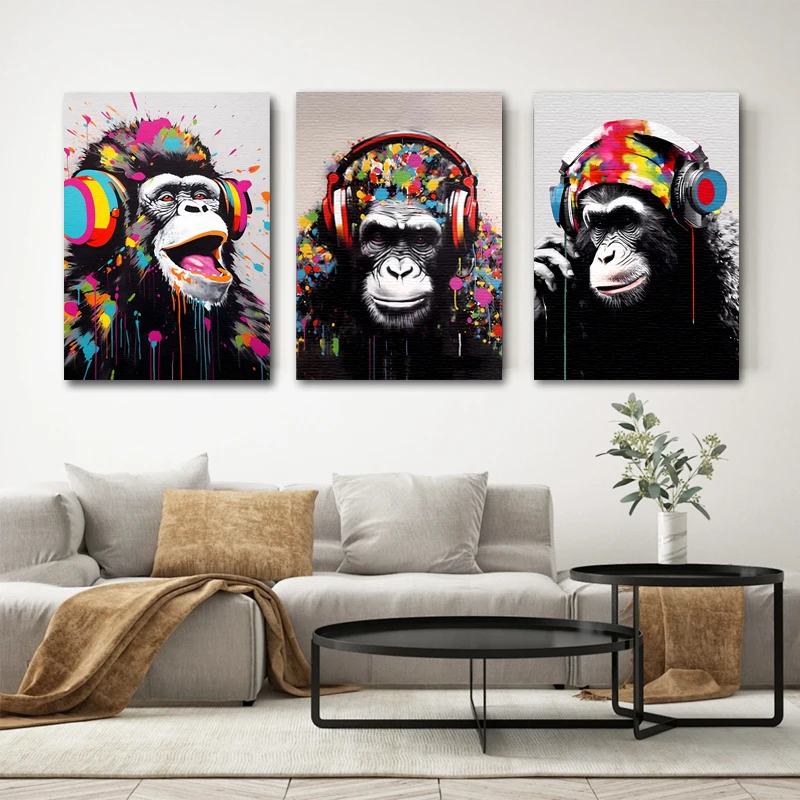 Modern home decor funny earphones Gorilla art prints animal paintings canvas wall art wall painting