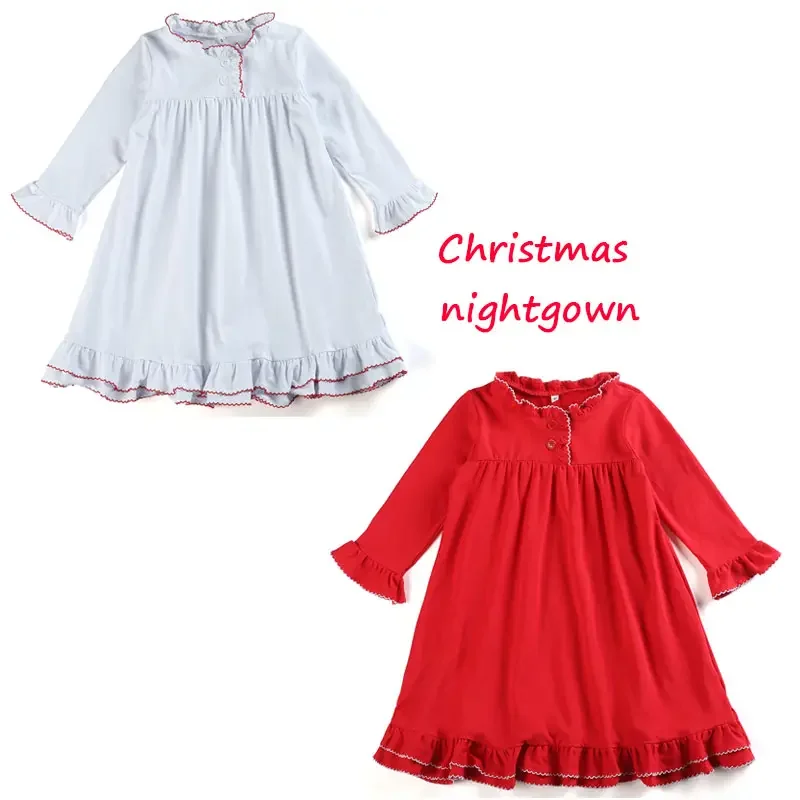 Fashion Christmas  baby toddler girl night  gown 95%cotton red ruffle kids girl sleep dress kids girl pajamas