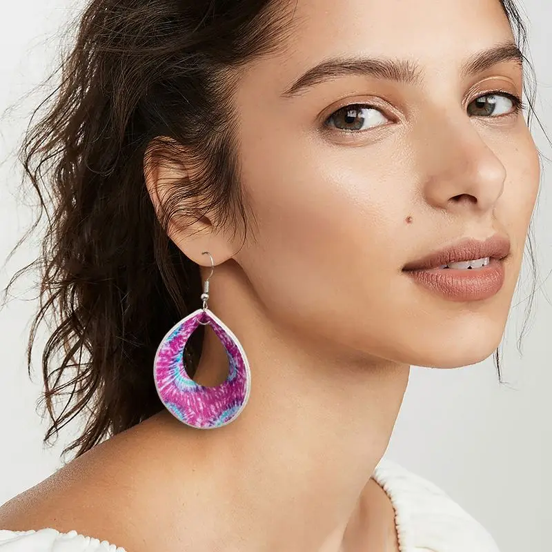  Spring Summer Tie-Dye Drop Earrings Three-Dimensional Leather Printing Popular Plaid Geometry