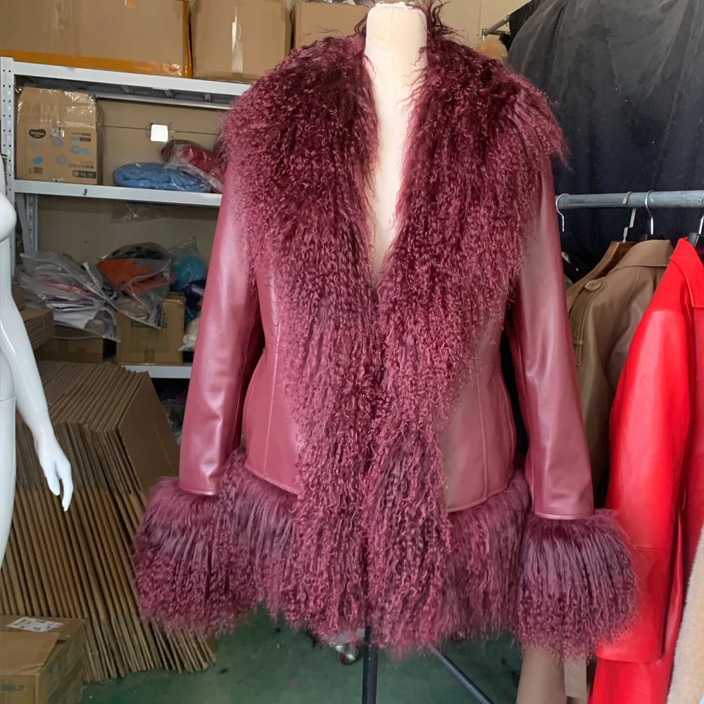 Burgundy sheep fur coat women genuine sheepskin leather coats mongolian fur jacket winter