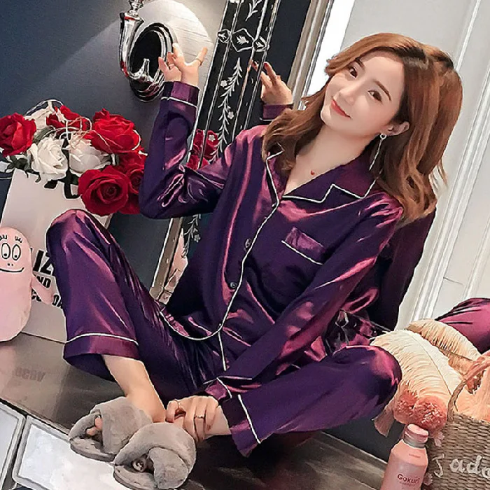 M to 5XL Spring Summer Ice Silk Pajamas Set Long Sleeves Sleepwear Suit Plus Size Silk Stain Ladies Night Suit for Women