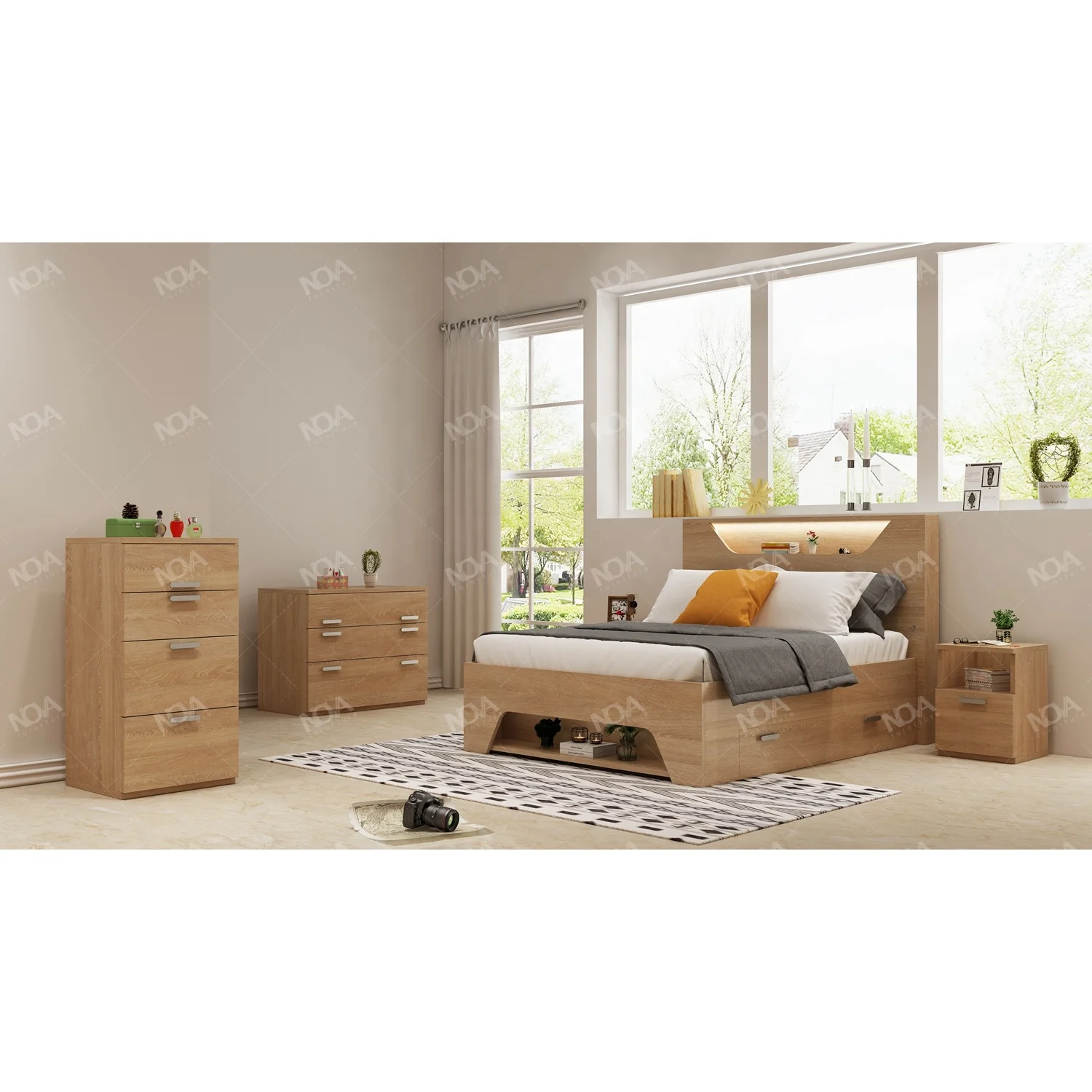 NOVA Hotel Bedroom Furniture Melamine Finishing Luxury Wooden Bedroom Set Modern King Size Platform Bed Frame