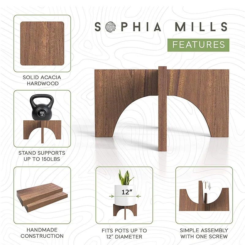 Wholesale mid century flat arch design acacia wooden indoor plant stand