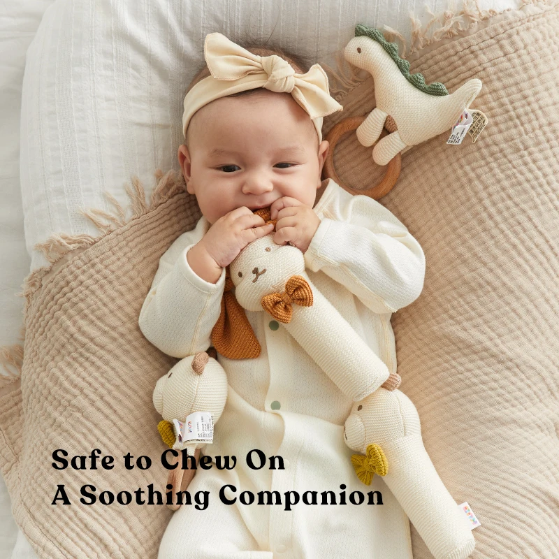 KUB Baby Teething Toy Crochet Knitting Rattle Teether Wood Ring Baby Chew Toy Baby Teething Hand Rattle