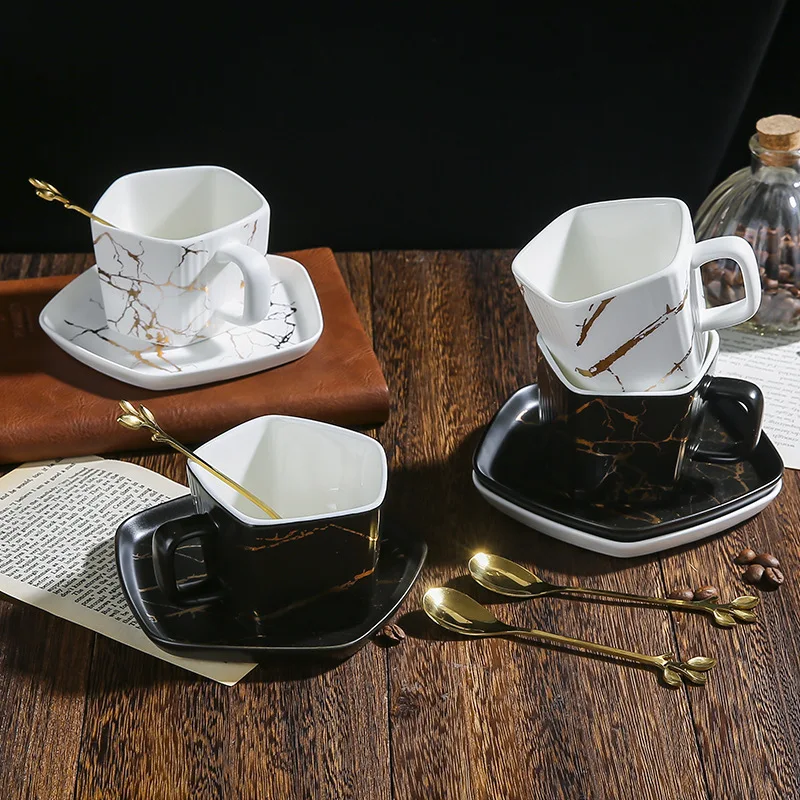 New Arrival Handmade Pentagon ceramic coffee mug gold marble cup and saucer set for coffee