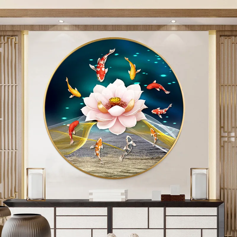 Modern light luxury fish living room Nordic porch circular decoration restaurant diamond crystal porcelain painting