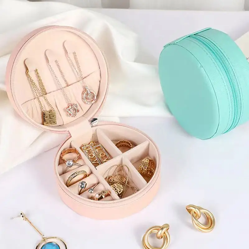 New Product Small Round Leather Jewelry Box Travel Jewelry Case Storage Organizer