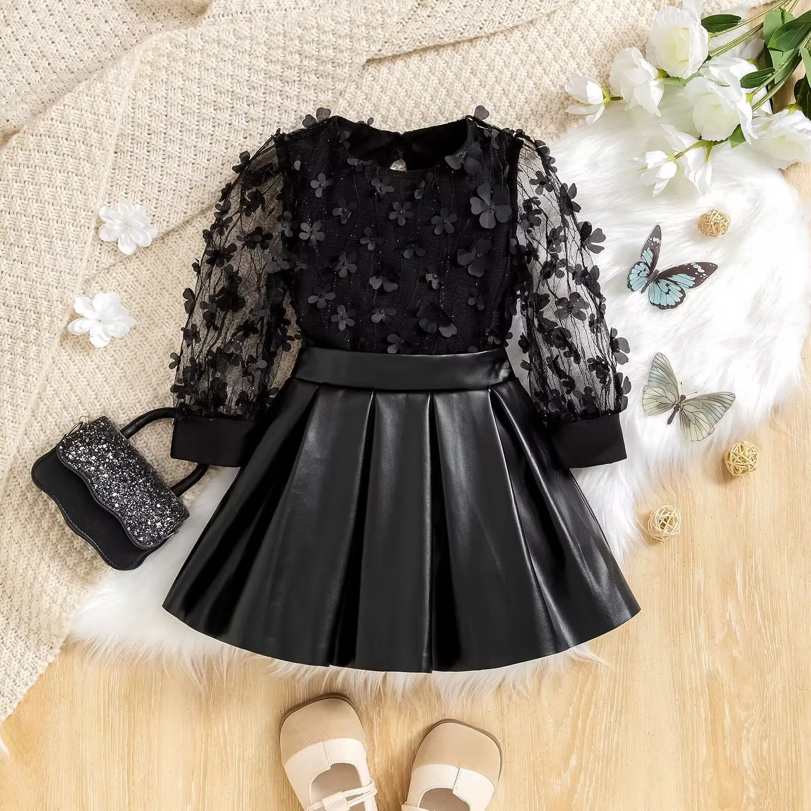 6.92 Dollar Model BXF034 Ages 90-130 Knife QualityToddler Birthday Party Winter Baby Kids Christmas Baby Dresses Black Color