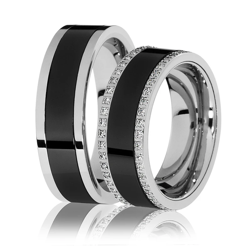 Latest Design Couple Wedding Bands Black Ceramic Rings 8mm Wide Stainless Steel Custom Metal Jewelry