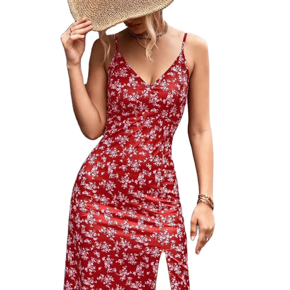 Sexy V-neck Sleeveless double-layer backless slit floral-printed Dress for Women clothing manufacturers custom