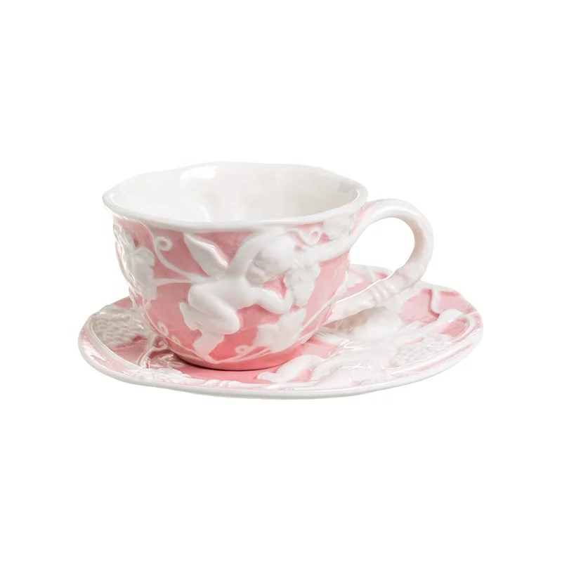 European palace style embossed angel vintage afternoon tea English teacup retro embossed coffee cup and saucer set porcelain