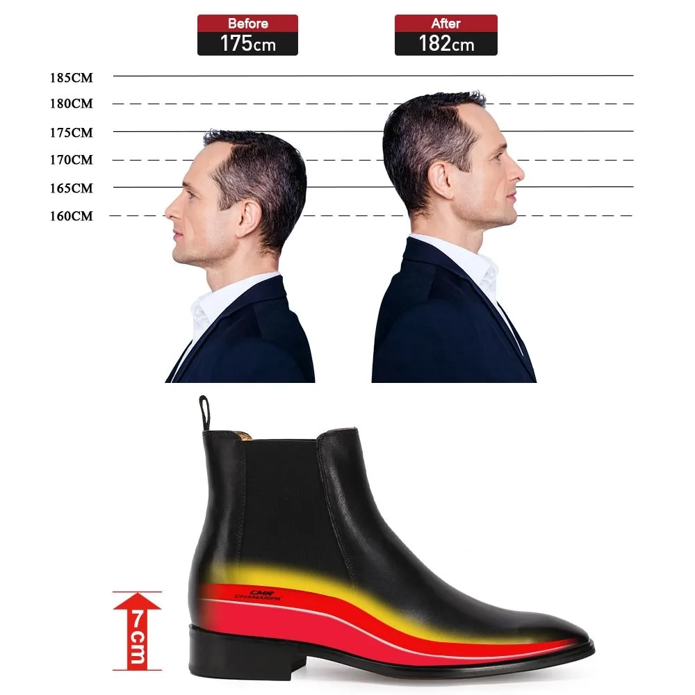 Height Increasing Chelsea Boots Black Leather Tall Men Shoes High Heel Boots For Men 7CM / 2.76 Inches