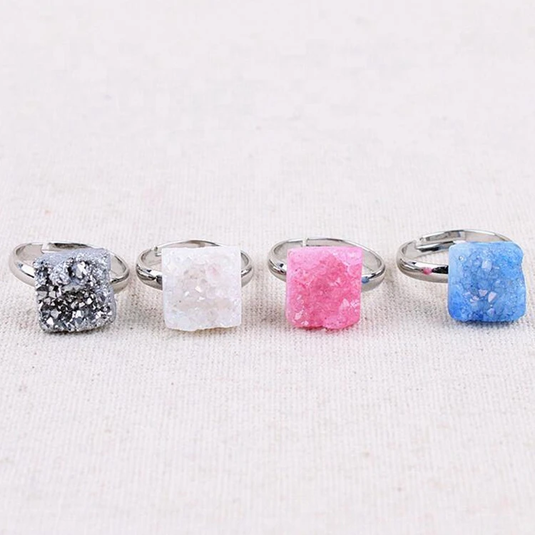 Fashion Accessories Jewelry Open square Crystal Natural Stone Druzy Ring Adjustable Gemstone Rings