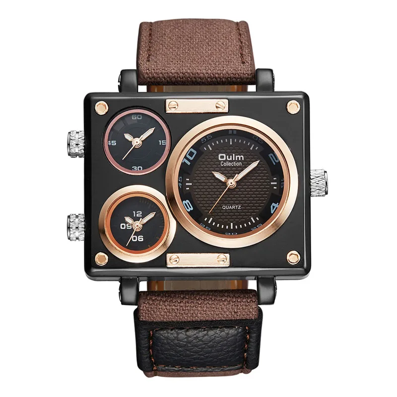 OULM 3595 fashion brown mens quartz watch excel Canvas strap 3 time zone analog display vintage sports popular wrist