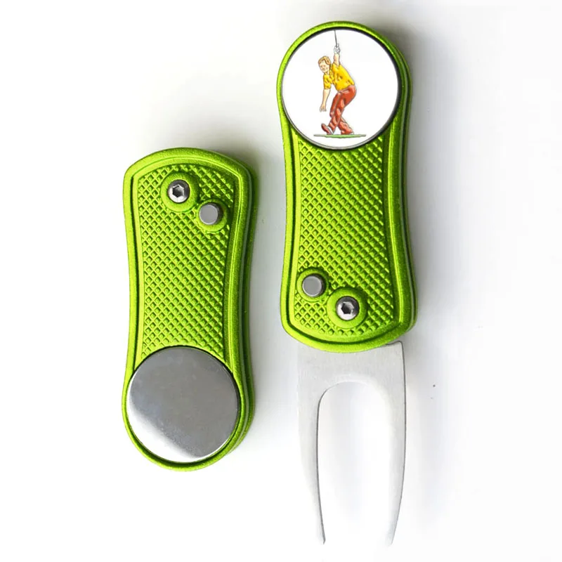 Switch blade divot tool Metal Golf Divot Repair Tool with Custom Ball Marker 10 Colors Available Stainless Steel Pitchfork