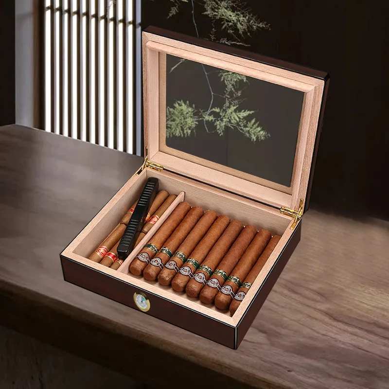 Wooden Cigar Storage Box with Humidifier Hygrometer Removable Divider Wooden Desktop Cigar Humidor