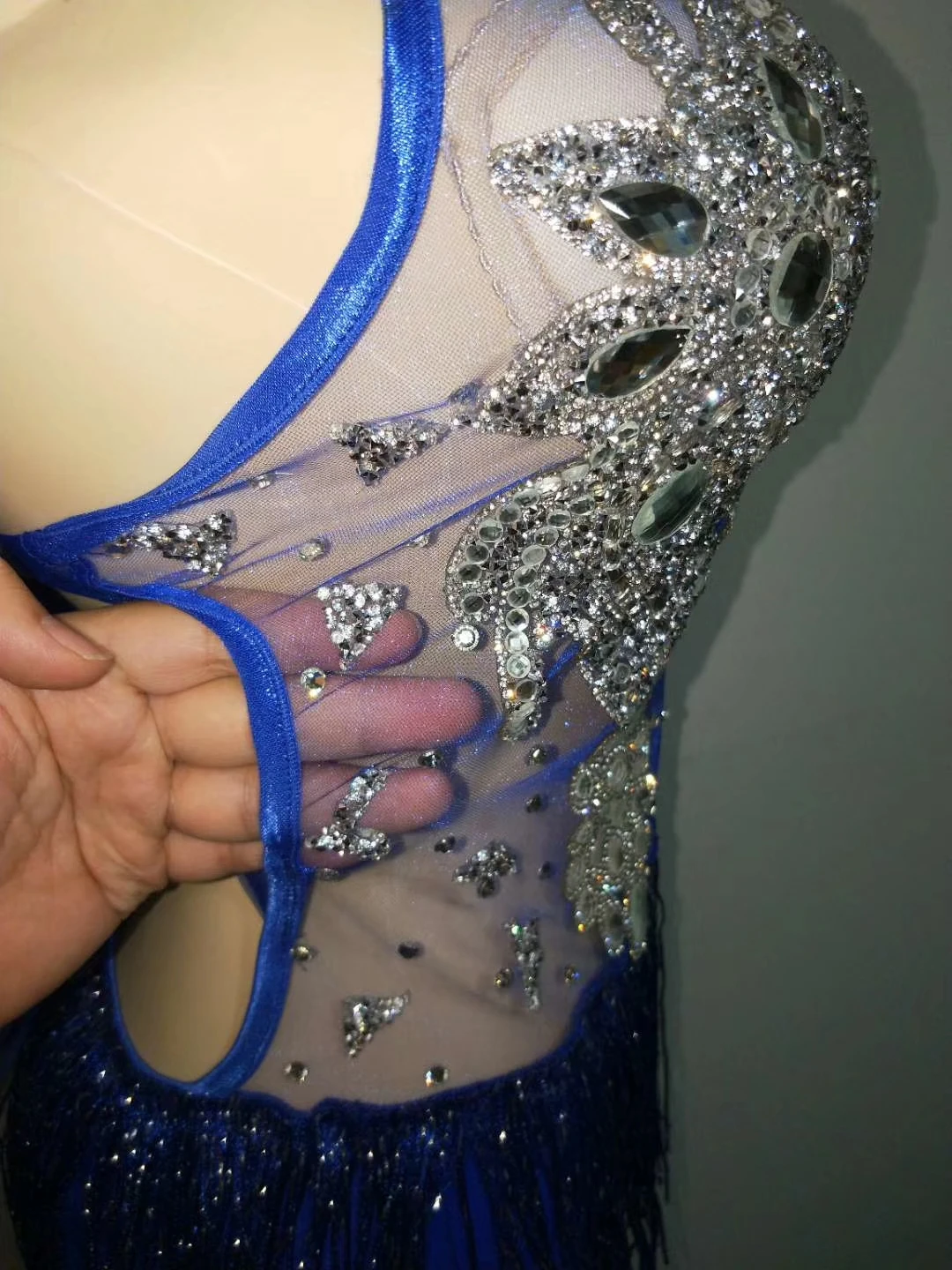 Designer Sleeveless See Through Blue Crystal Tassel Latin Dance Dress Women Strappy Backless Bodysuit Stage Party Club Dress
