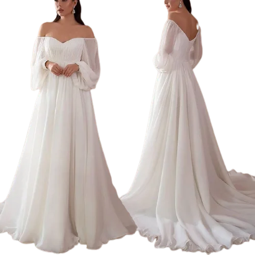 Women Off Shoulder Evening Dress Puff Sleeve Prom Dress Romantic Lady White Simple Formal Wedding Bridesmaid Evening Dress