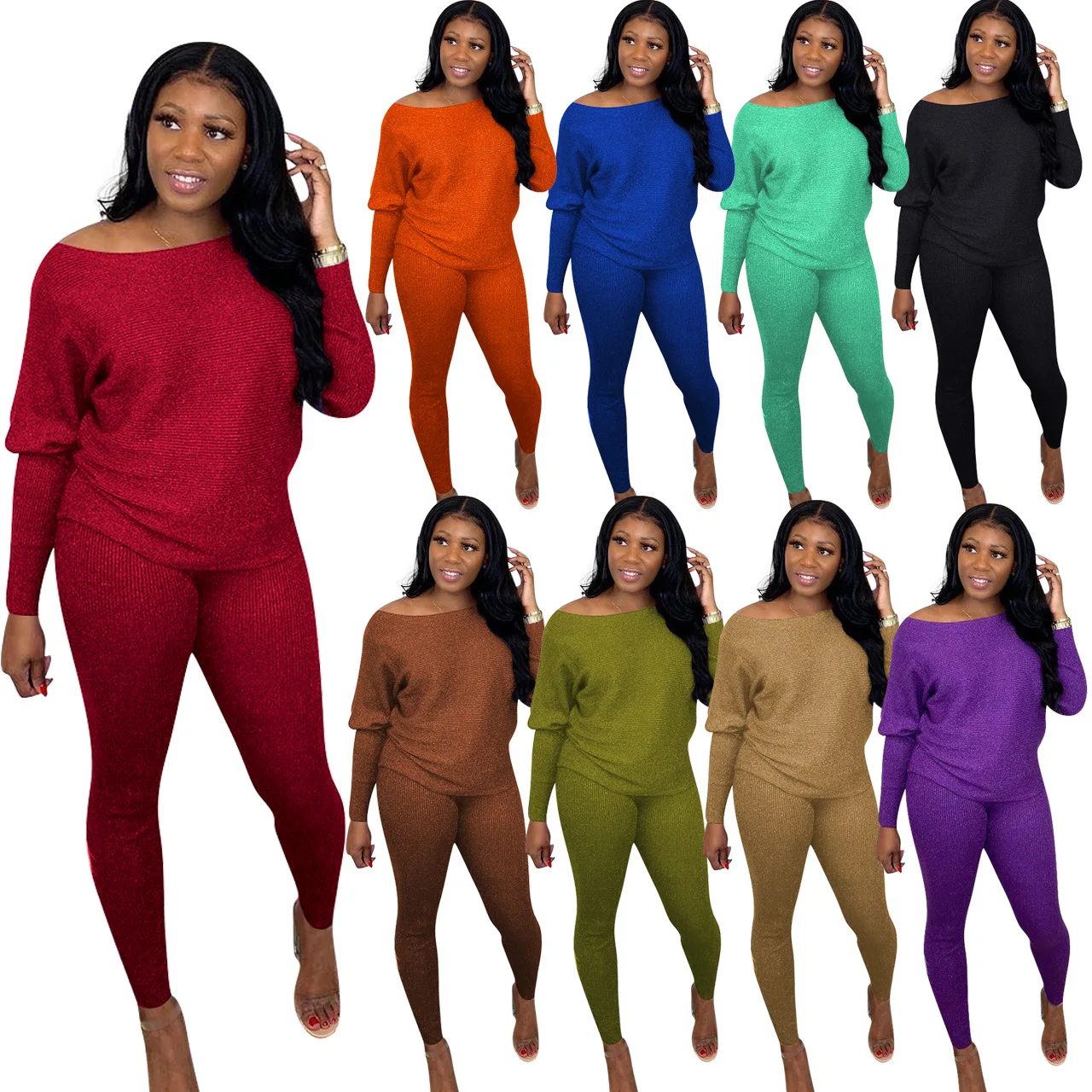 fall winter two 2 piece sets for women long sleeve Solid color off shoulder loose top skinny leggings Home clothes leisure suit