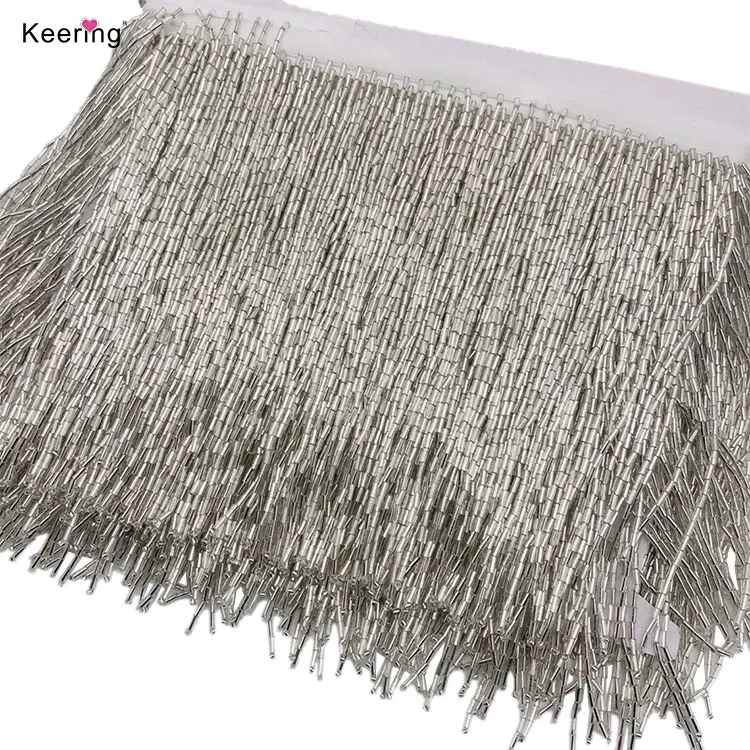 Small MOQ Keering 15cm Gold Glass Beaded Ribbon Fringe Trimmings With Tassels
