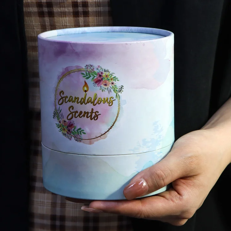 Luxury customized round shaped blue cardboard elegant square ceramic candle jar paper tube box with lid packaging