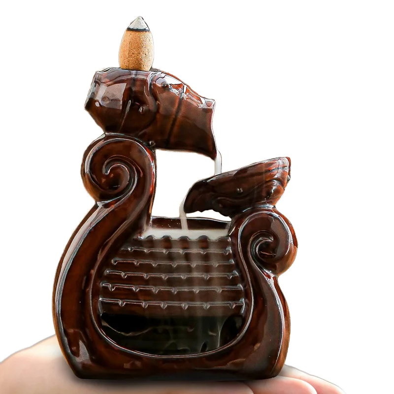 Ywbeyond Home Wood Incense Burner Holder Red Desktop Decoration Nature Sound Wine Bottle Waterfall Backflow Ceramic Censer Lotus