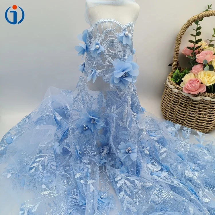 High End Polyester Heavy Multi Color 3D Flower Embroidery Tulle Handmade Beaded Pearl  Mesh Fabric for Wedding
