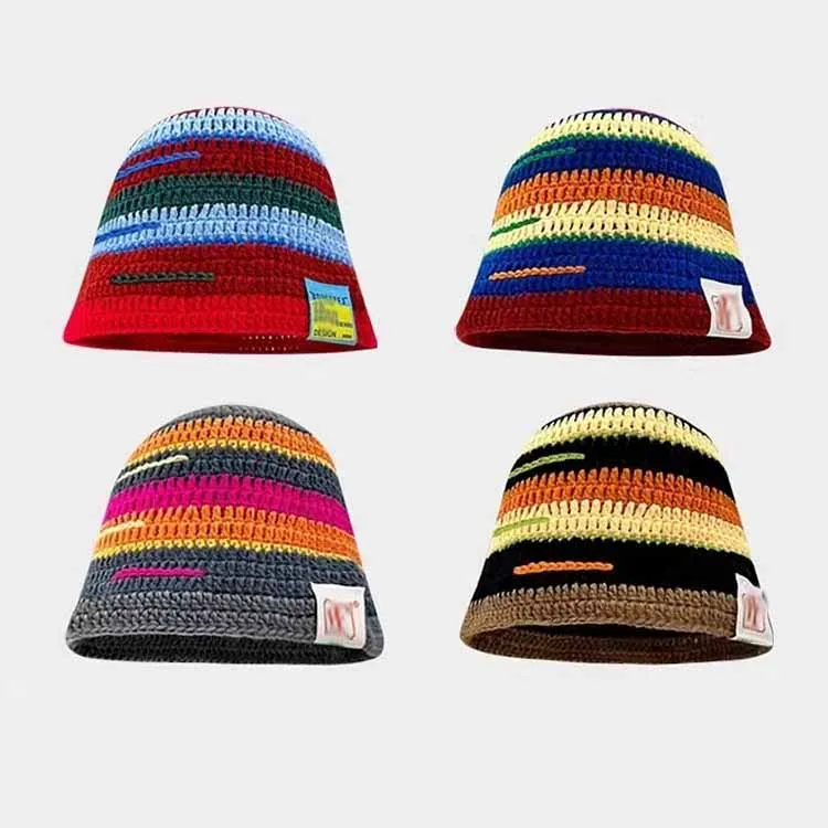 Winter Japanese Crochet Visor Girls Caps Color Striped Knitted Bucket Hat Adult Crochet Hats for Man