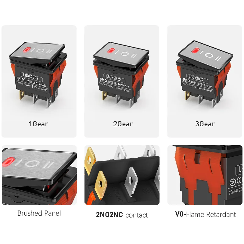 LANBOO 2822-3 gear with red/green/blue light waterproof KCD6 rocker aluminum brushed panel high-gloss edge metal boat switch