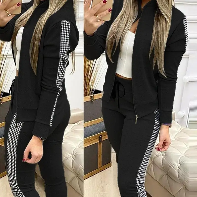 New Grey Patchwork Plaid Casual Set  2-piece Set of Upright Neck Zippered Cardigan Jacket and Drawstring Leggings