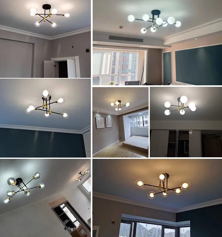 Modern Nordic Bedroom Living Room Dining Room Lamps Indoor Light E27 Black Gold Glass Ball Brass LED Chandelier Ceiling Light