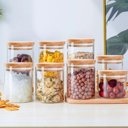 Borosilicate glass storage jar with bamboo lid for tube shaped glass storage jar for glass spice jar with wooden lid