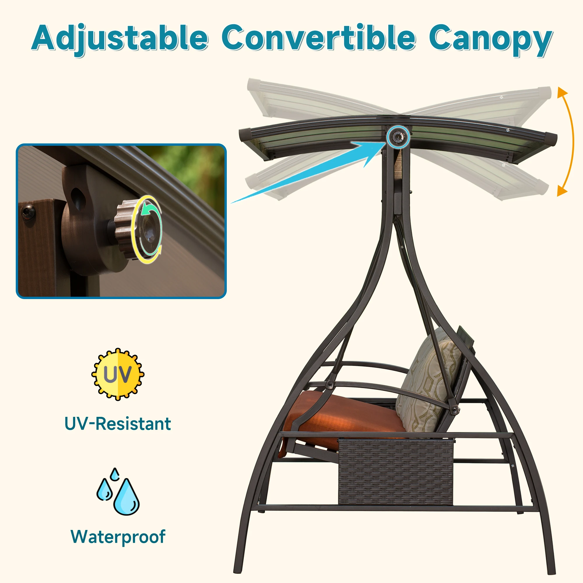 Custom Deluxe 3-Seater Rattan Swing Chair with Canopy Outdoor Garden Hanging Seat for Pergola & Gazebo