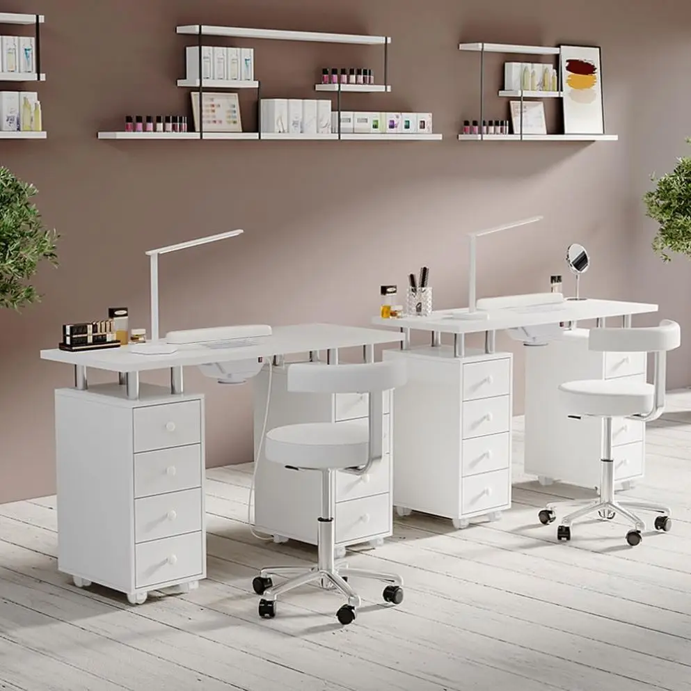 Pink Manicure Table With Drawers, Storage Shelves Beauty Nail Desk With Glass