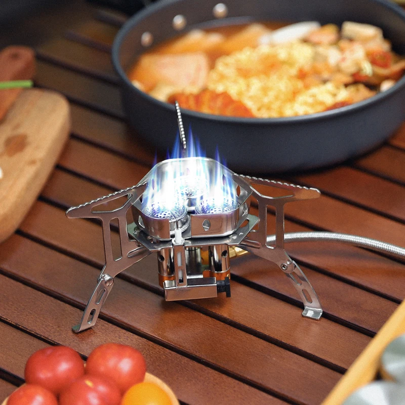 Portable Three-Head Stainless Steel Camping Gas Stove Windproof Mini Backpacking Burning Stove Travel Picnics Manual Iron Butane