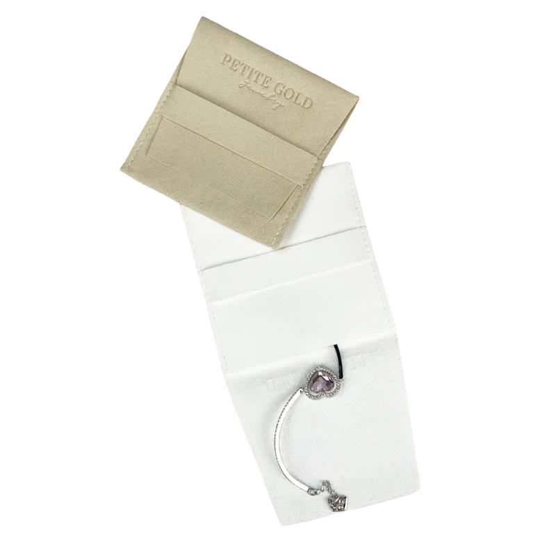 OEM Logo Color Deboss Print Elegant Design Ribbon Flap Suede Microfiber Packaging Bag Jewelry Pouch