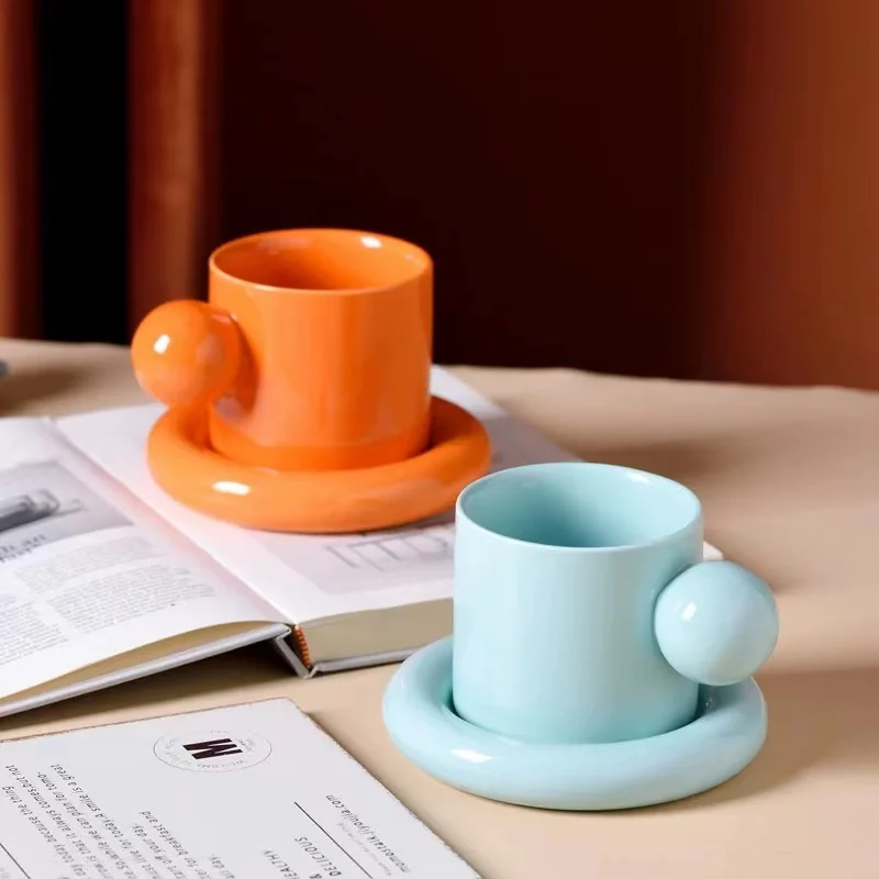 Nordic Style Stoneware Coffee Cups and Saucers with Ball Handle