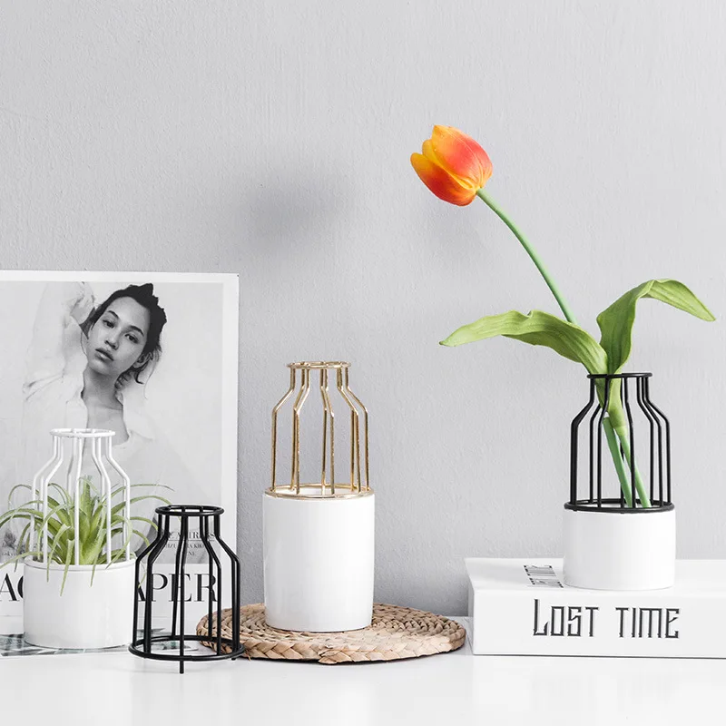 
Flower Vases Small Nordic Plant Modern Clear Cheap Decoration Gold Wedding Metal + Ceramic Flower Vases For Home Decor 