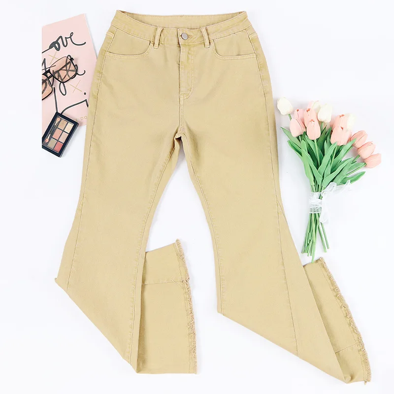 High Quality Womens Plus Size Khaki Raw Edge Mid Waist Flared Jeans