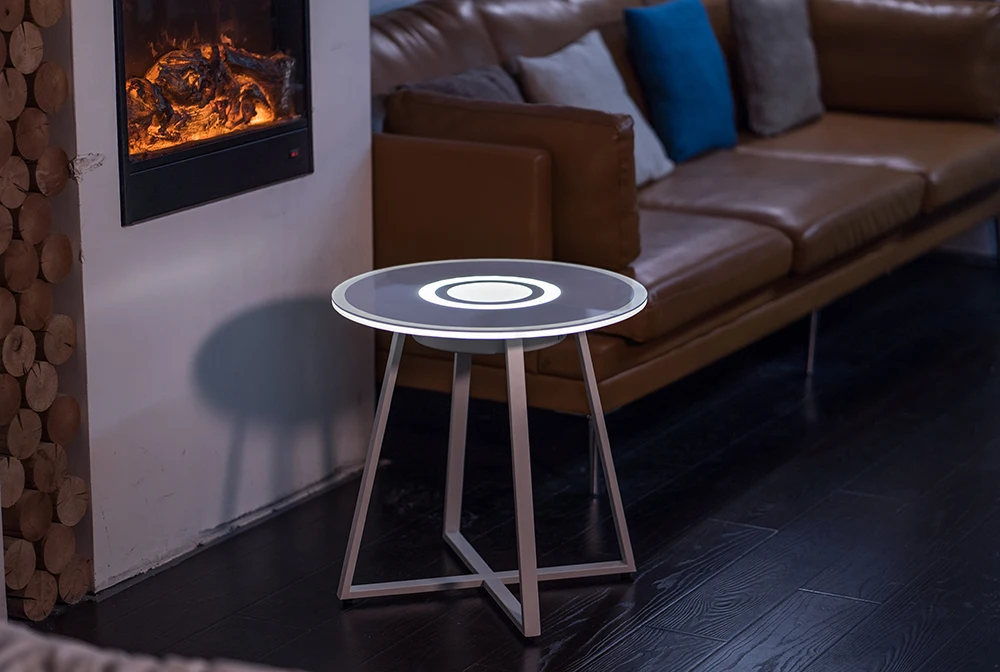 Fancy bedside center table tempered glass coffee table led light stand table export with metal frame iron legs modern