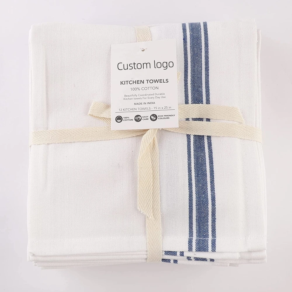 Customized Stripe 100% Yarn-dyed Tea Towels White Linen Cotton Kitchen Towels