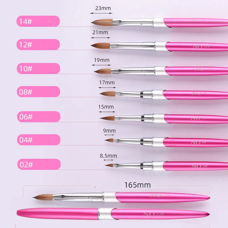 2023 Custom Logo Nail Brush Set Pink Metal Handle Acrylic Brush 100% Pure Kolinsky Hair Nail Art Tools
