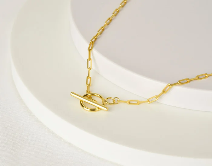 Fine Jewelry 925 Sterling Silver Chain Choker Necklace OT Toggle Clasp Buckle 18K Gold Plated Paperclip Necklace