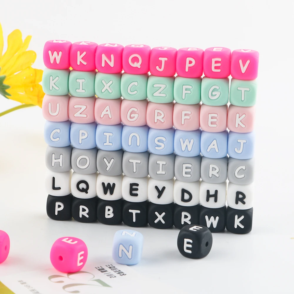 12mm Square Cube Shape Alphabet letter Soft Chew Bead Baby Silicone Teething Beads For Pen Keychain Necklace Jewelry Making