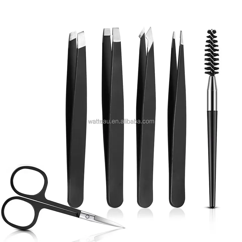 6pcs Eyebrow Tweezers Set With Curved Scissor Eyelash Brush Beard Eye Brow Hair Removal Plucker For Face Hairs Puller Clips