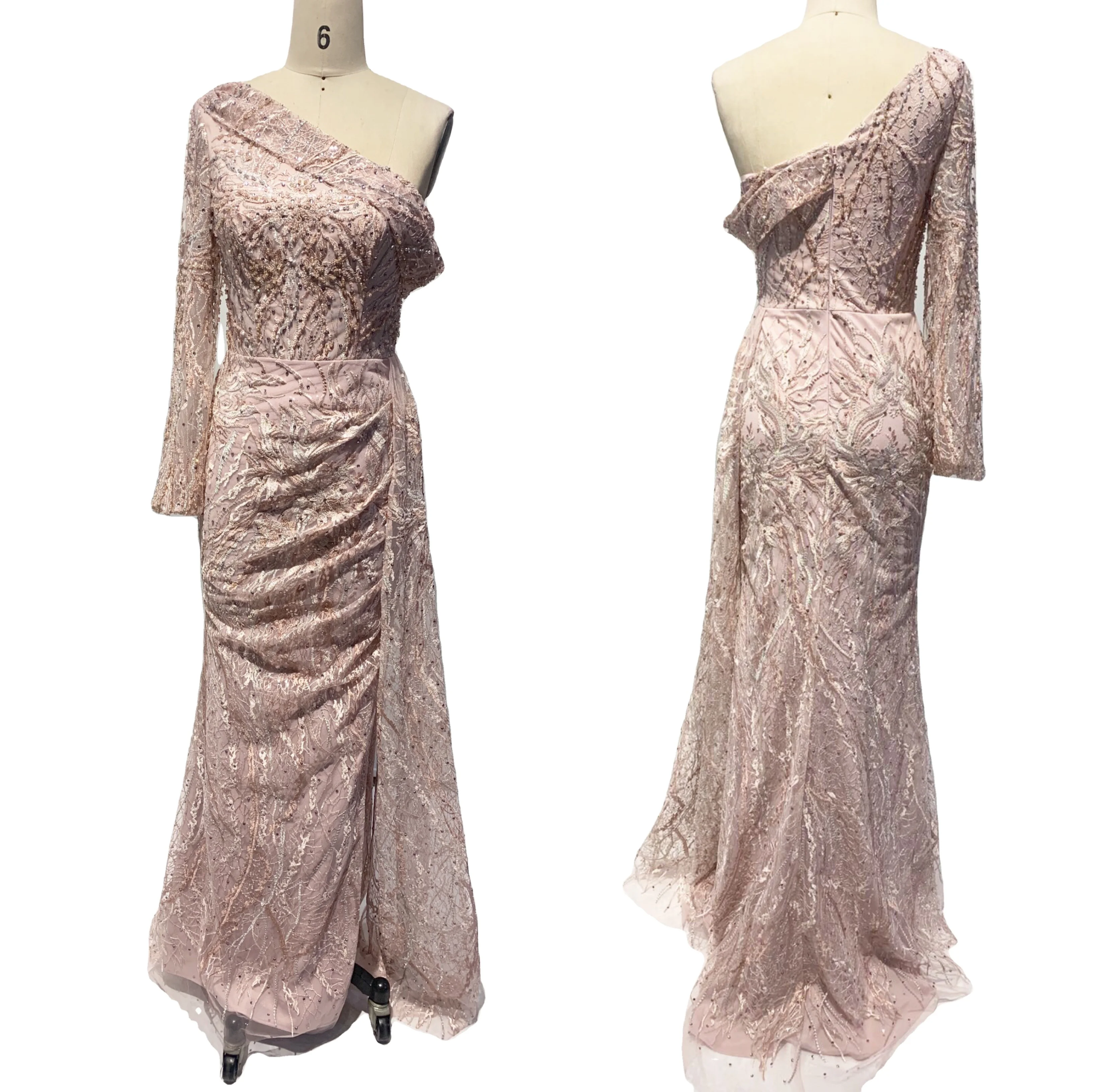One Shoulder Luxury Lace Beading Satin Long Sleeve Slit Women Clothing Evening Dress