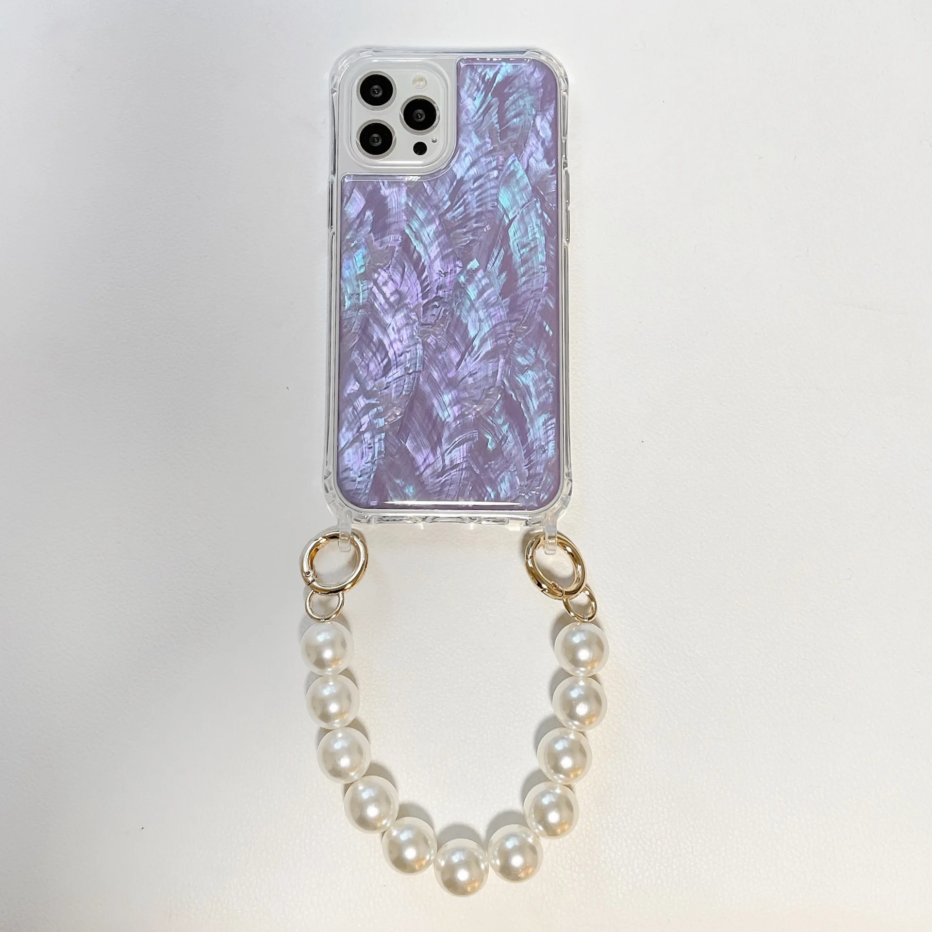 Hot Sale Fashion Natural Purple Shell Phone Case with Pearl Chain for iPhone 14 Girls Luxury Cover for iPhone 13 12 11 X XR XS