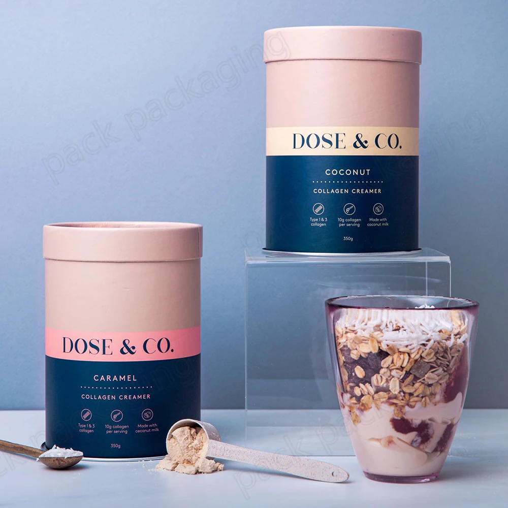 custom print empty Collagen powder container paper tube packaging with metal lid metal caps