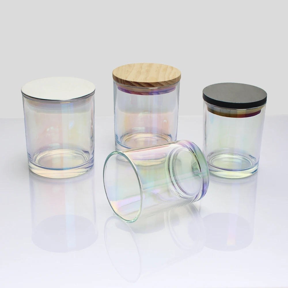 Iridescent Holographic Candle Glfrosted Glass Candle Jar With Wood Lids Candle Jars Glass With Lid
