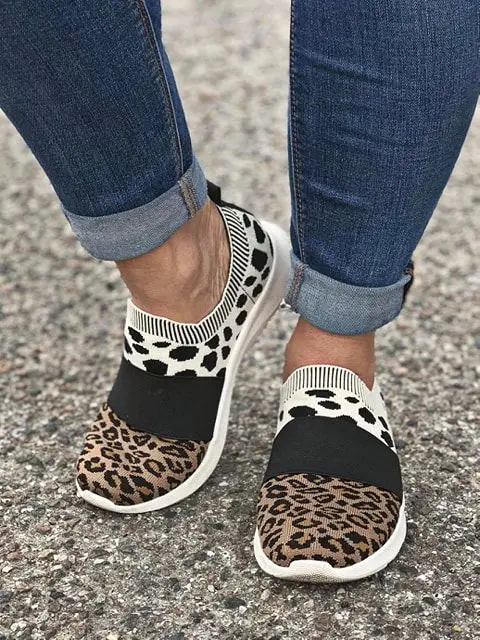 Women Shoes Leopard Sock Sneakers Women Slip On Flat Shoes Women Plus Size Loafers Flats Walking